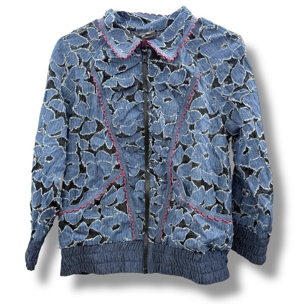 Anna Sui Floral Lace Denim Jacket Women's Small Zip Front Collared Casual